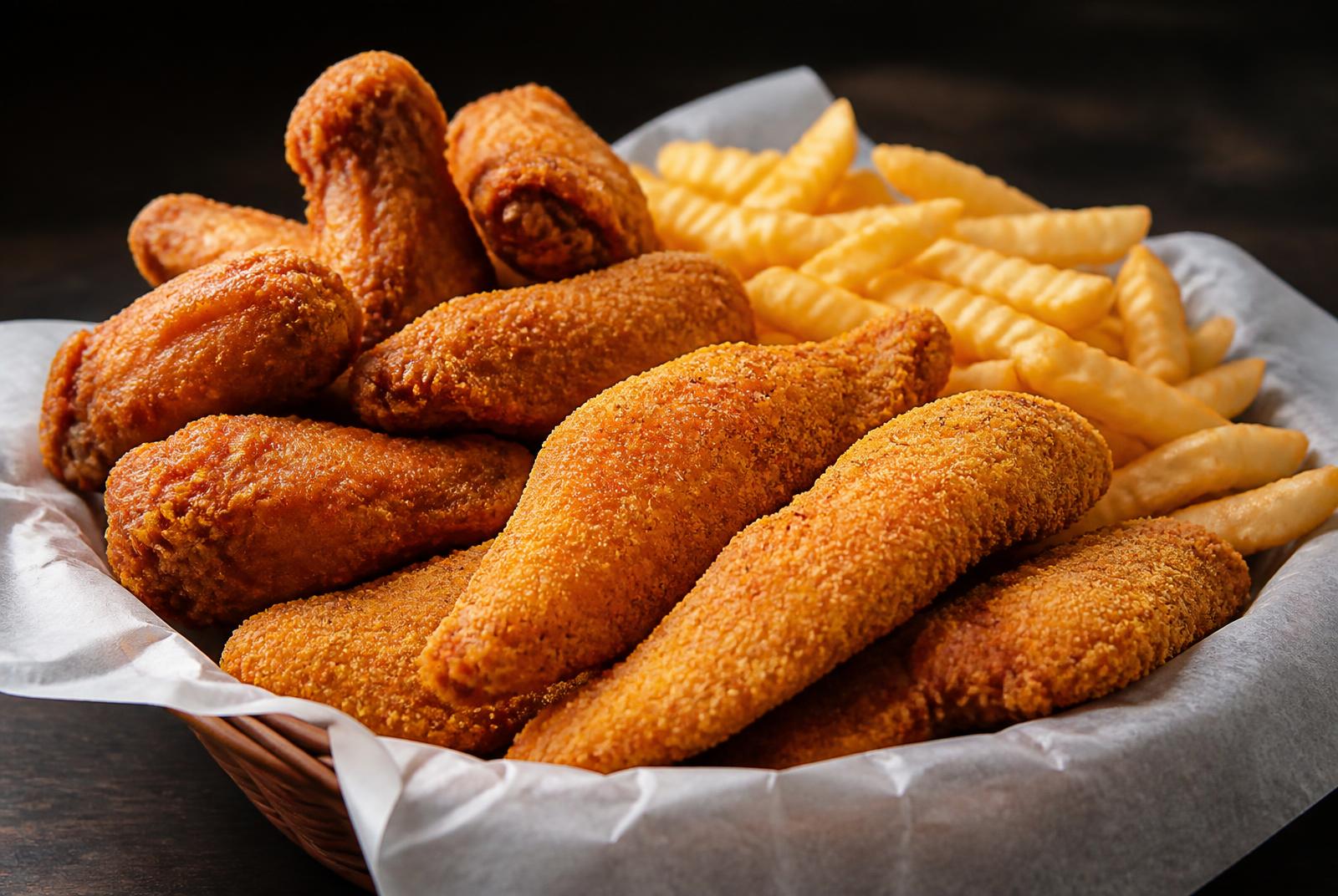 Basket of golden fried catfish, chicken wings, and crinkle-cut fries